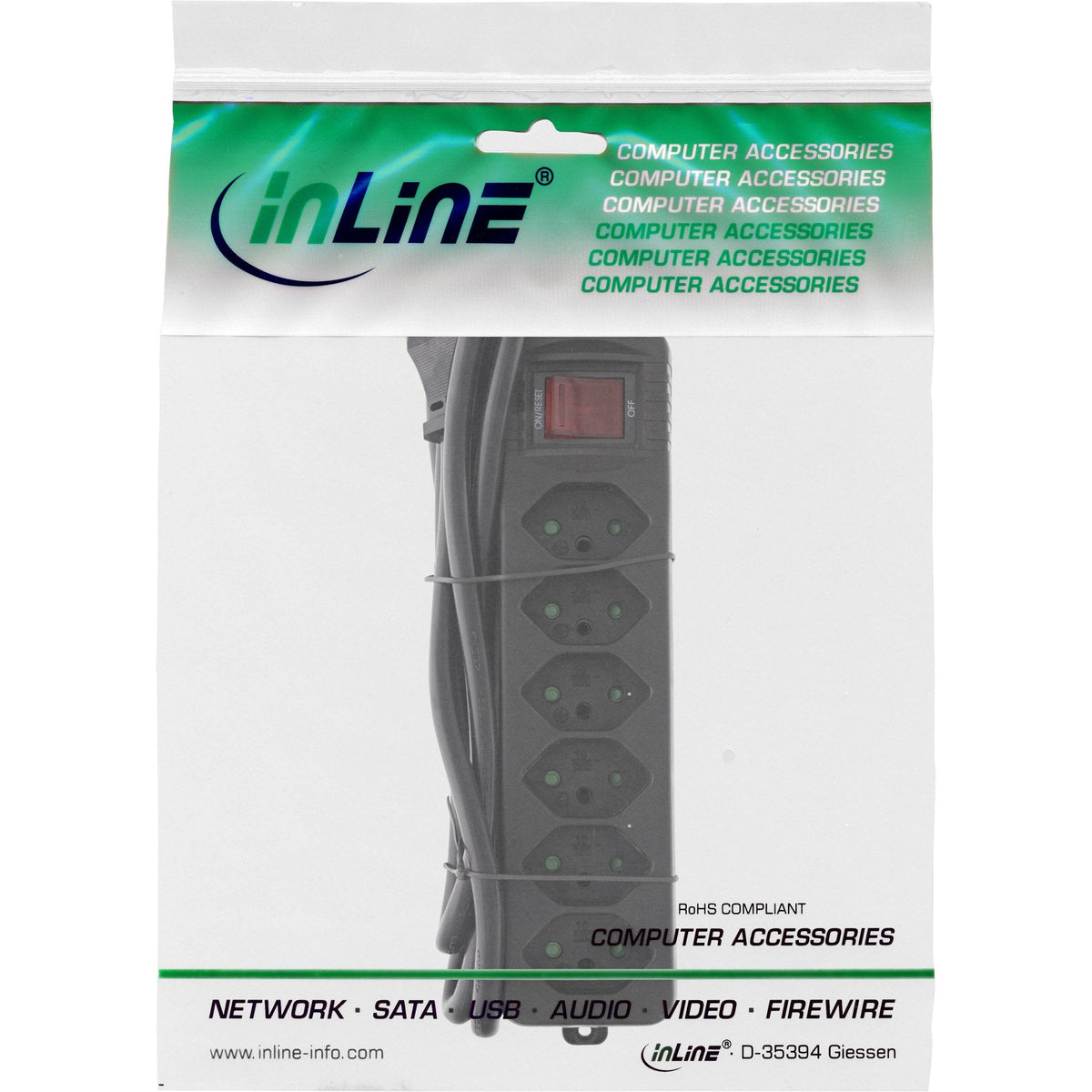 Regleta Inline Suiza, 6 Vías, Con Interruptor, 1,5 M, Negra