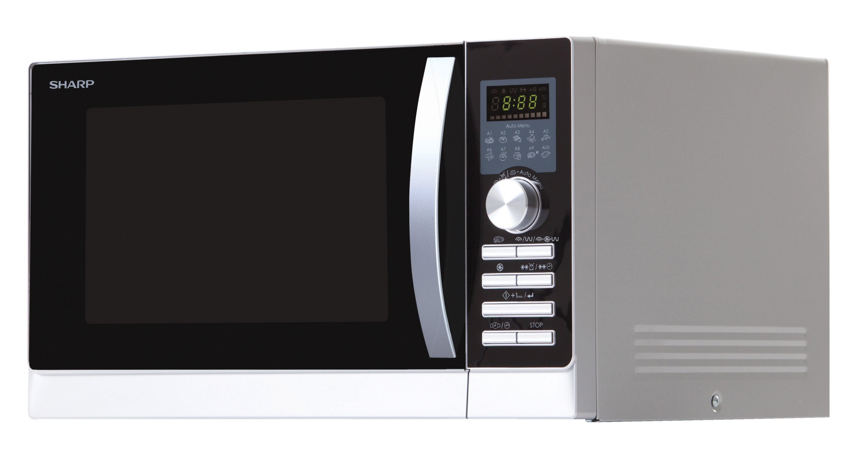 Microondas Con Grill 3 En 1 Sharp R843inw 900w (1200/1100/500w Grill) Conveccion 2500w 25 Litros 10 Funciones Cocción Automática Acero Inox