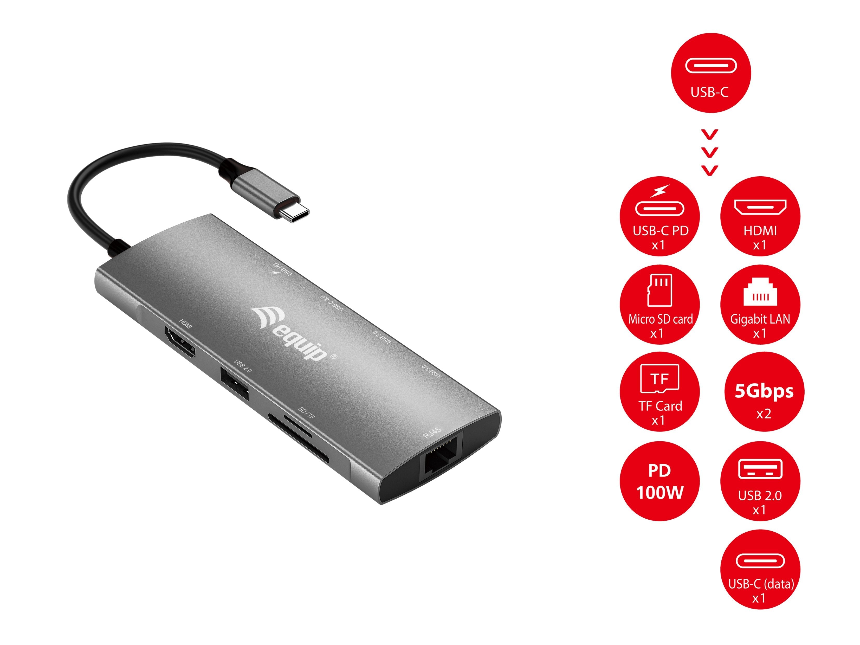 Equip Dock Usb-C->Hdmi, Gigabit Lan, Usb3.0, 100wpd, Sd Tf 0,25m