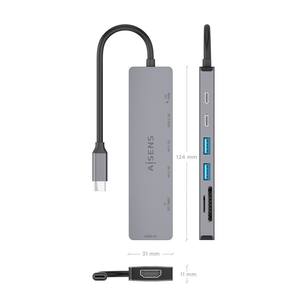 Aisens Usb-C Dock 7 En 1, Usb-C A 1xhdmi, 2xusb-A, 1xusb-C, 1xusb-C Pd 100w, 1xsd, 1xmicro Sd, Gris, 15cm
