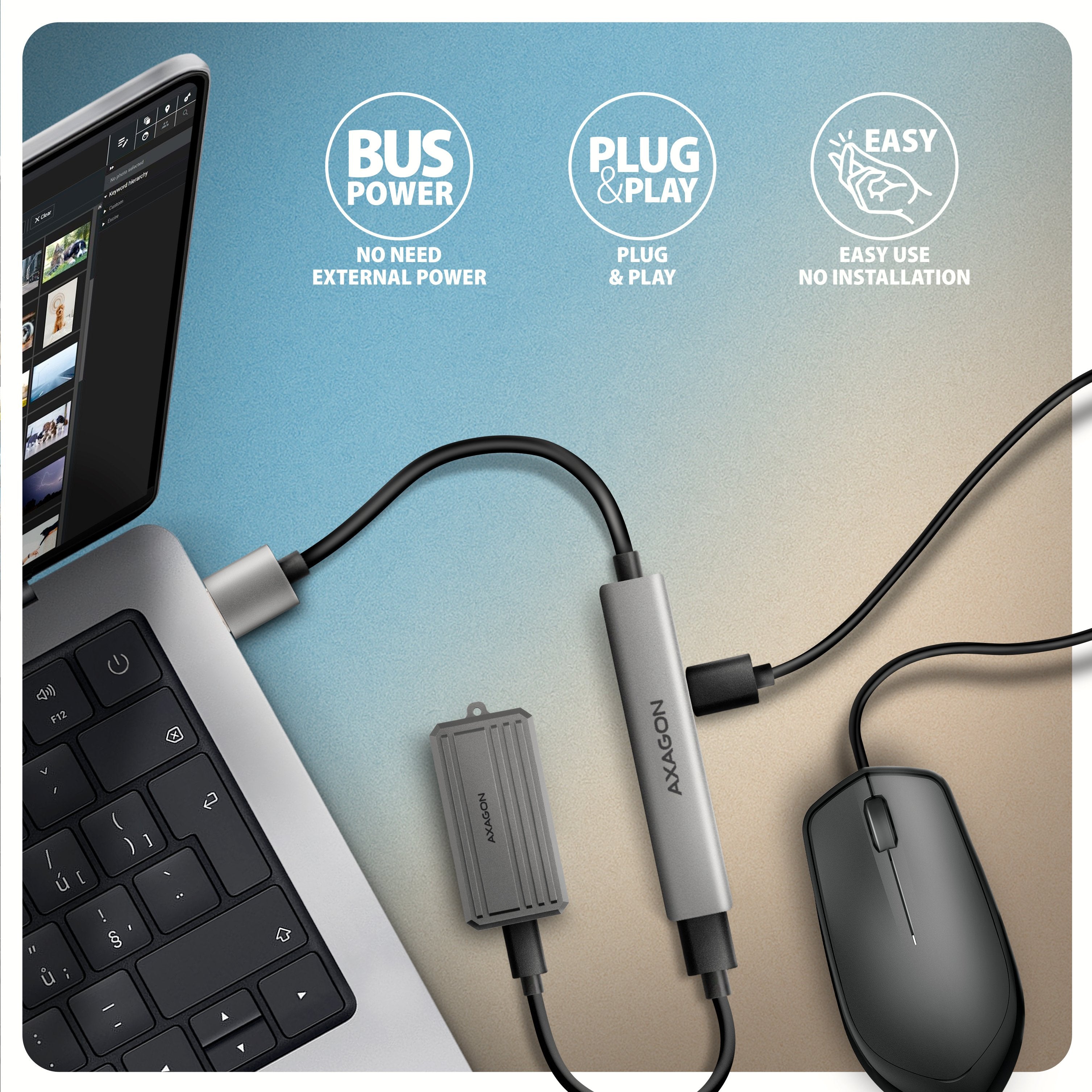 Hue-Sta Hub 4-Portowy 1x Usb-A 5gbps, 2x Usb2.0 + 1x Usb-C 2.0, 12cm Kabel Usb-A