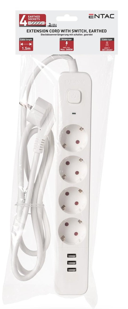 Entac Meckdosenleime 4fach 3x Usb-A, 1,5m Blanco