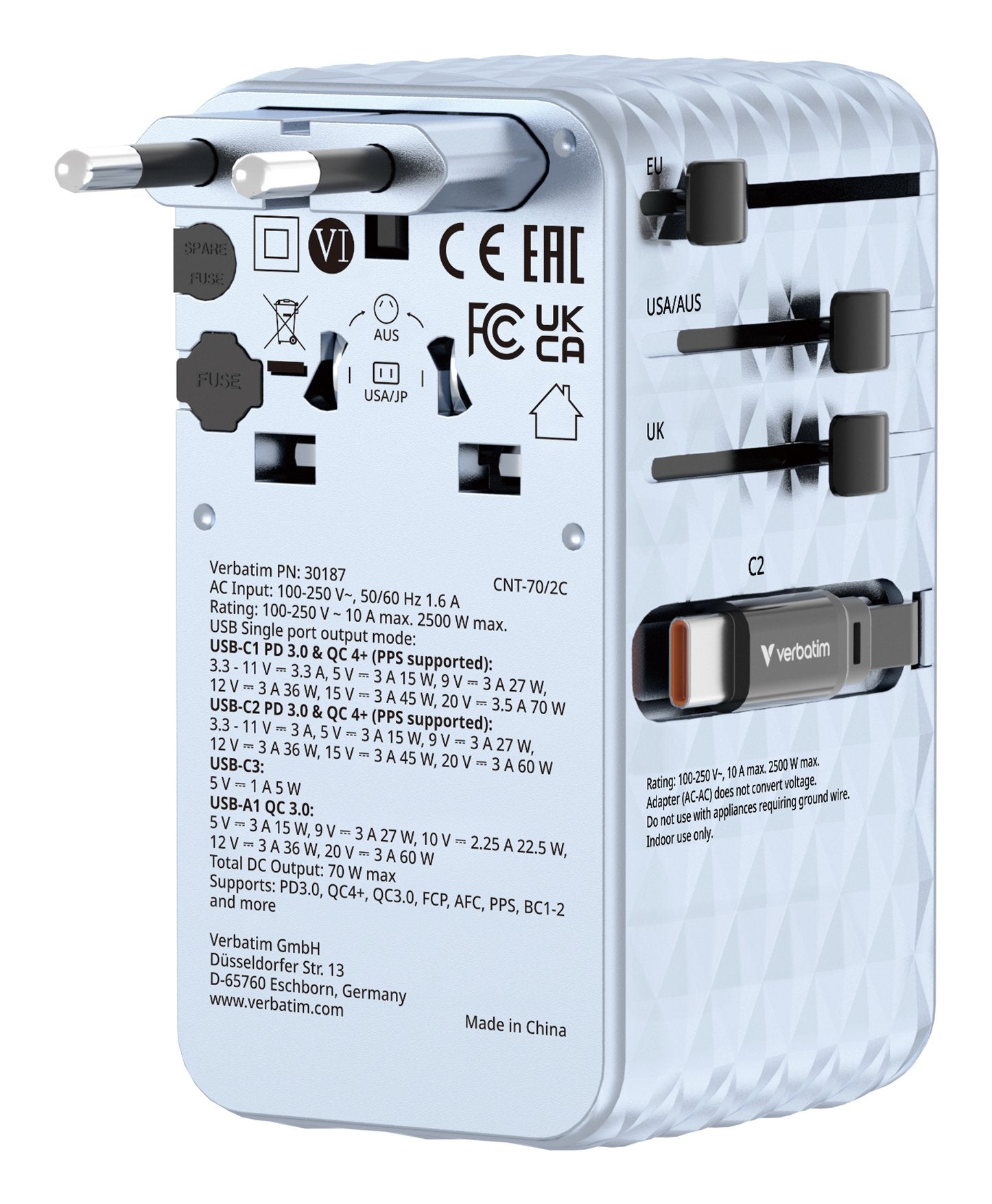 EAN 23942301875 - Verbatim Charge 'n' Travel 70W Universal Azul Corriente alterna Carga rápida Interior imagen 1