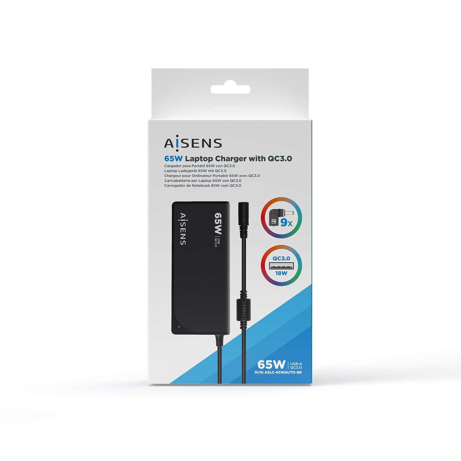 Aisens Cargador 65w Automatico Universal Para Portatil 9 Conectores + Usb-A Qc.3.0 - Negro