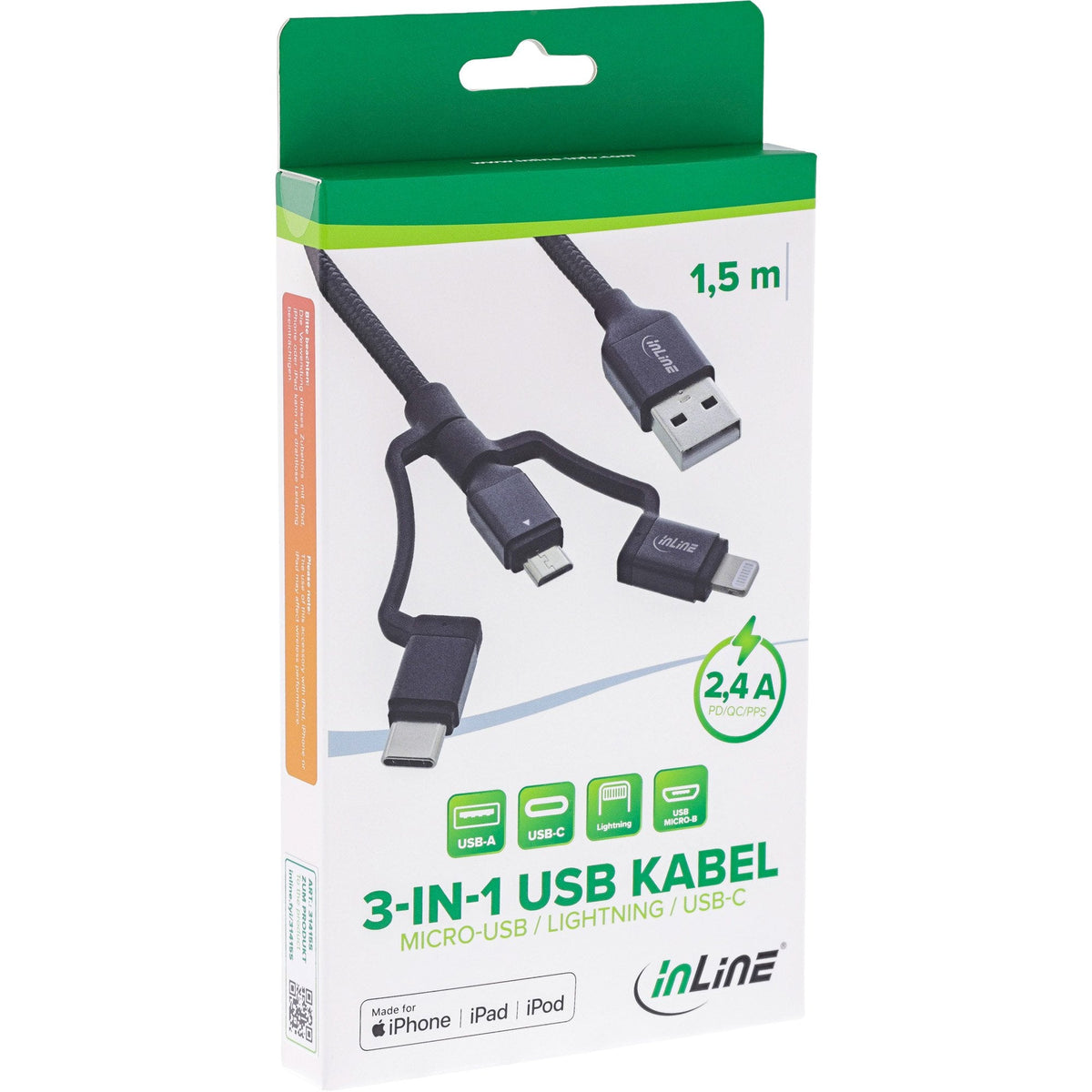 Cable Usb 3 En 1 Inline, Usb Am A Micro-Usb + Usb Tipo C + Lightning, Negro/Aluminio, 1,5 M Con Certificación Mfi