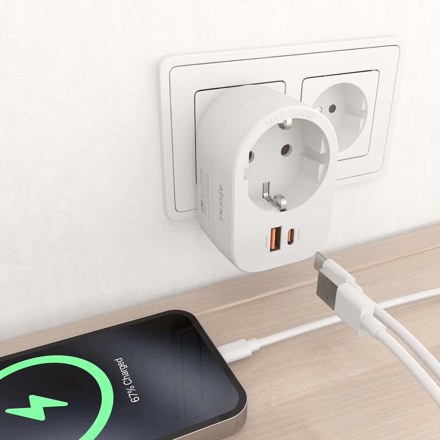 Aisens Regleta De Pared Multifuncion Con 1 Toma + 1xusb-C 20w Pd3.0, 1xusb-A 20w Qc3.0, Blanco