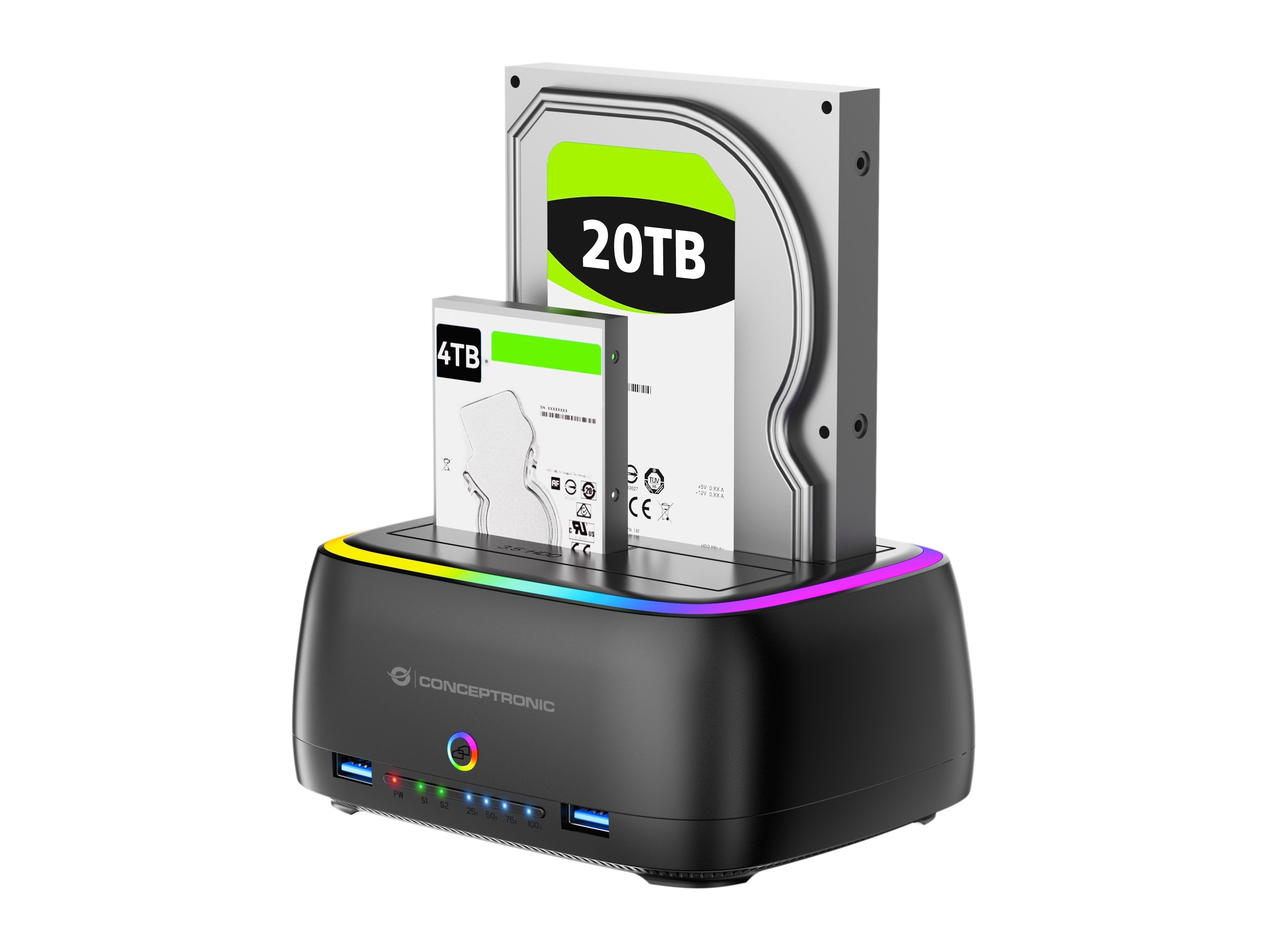 Docking Conceptronic Donn36b Usb-C Rgb Doble Bahia Sata Hdd Ssd 2.5" 3.5" Clonado Offline 2xusb-A Sd