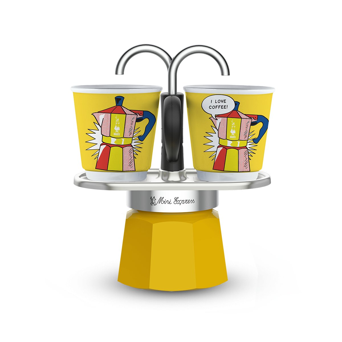 Bialetti Espressokocher Set Mini Express Lichtenstein + 2 Espressobecher