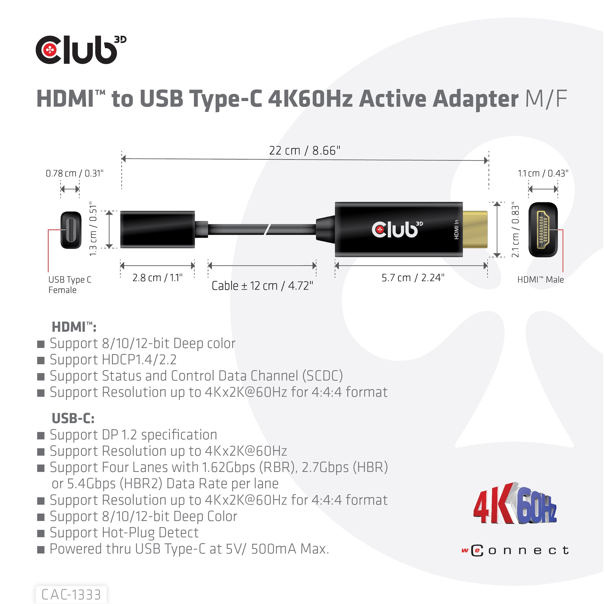 EAN 8719214472047 - CLUB3D CAC-1333 adaptador de cable de vídeo 0,22 m HDMI tipo A (Estándar) USB Tipo C Negro imagen 4