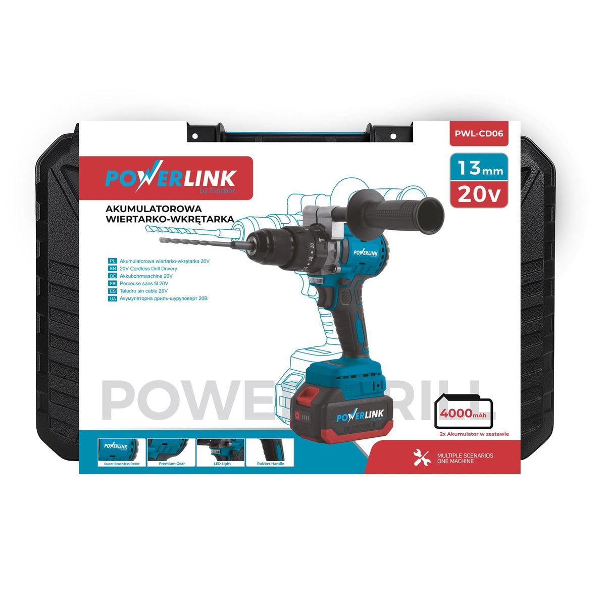 Powerlink Akumulatorowa Wiertarko-Wkretarka Udar Z Raczka Pwl-06 13mm 20v 2x4ah