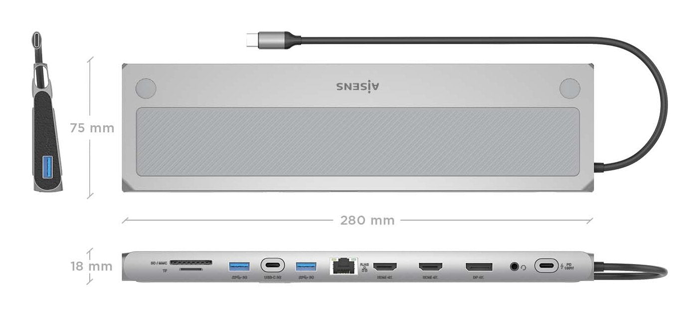 Aisens Usb-C Dock 12 En 1, Usb-C A 2xhdmi, 1xdisplayport, 1xrj45, 3xusb-A, 1xusb-C, 1xusb-C Pd, 1xsd, 1xmicro Sd, 1xaudio, Gris, 30cm