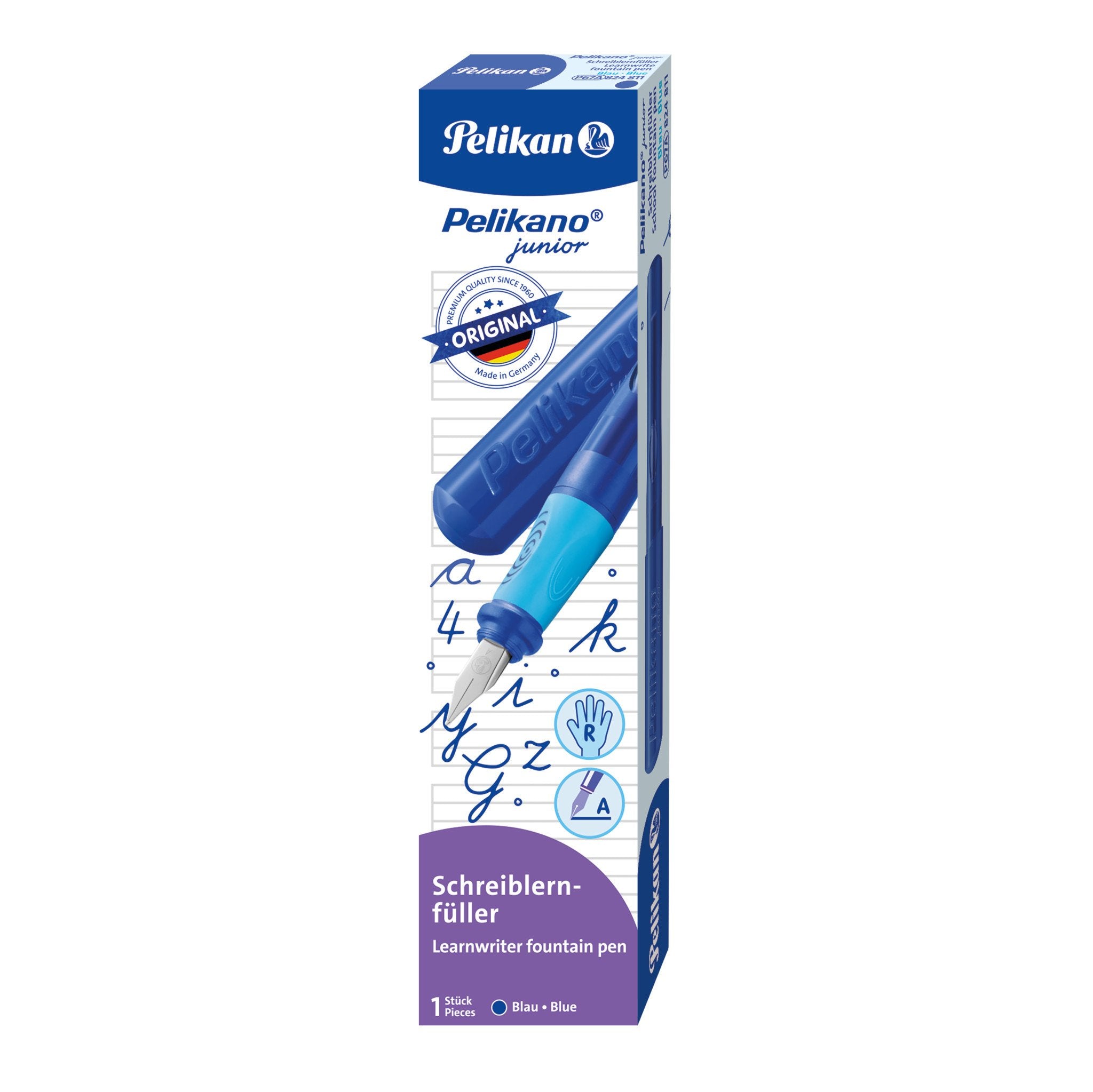 Pelikan Junior - Pluma Estilográfica Para Diestros (Plumín A, Estuche Plegable), Color Azul