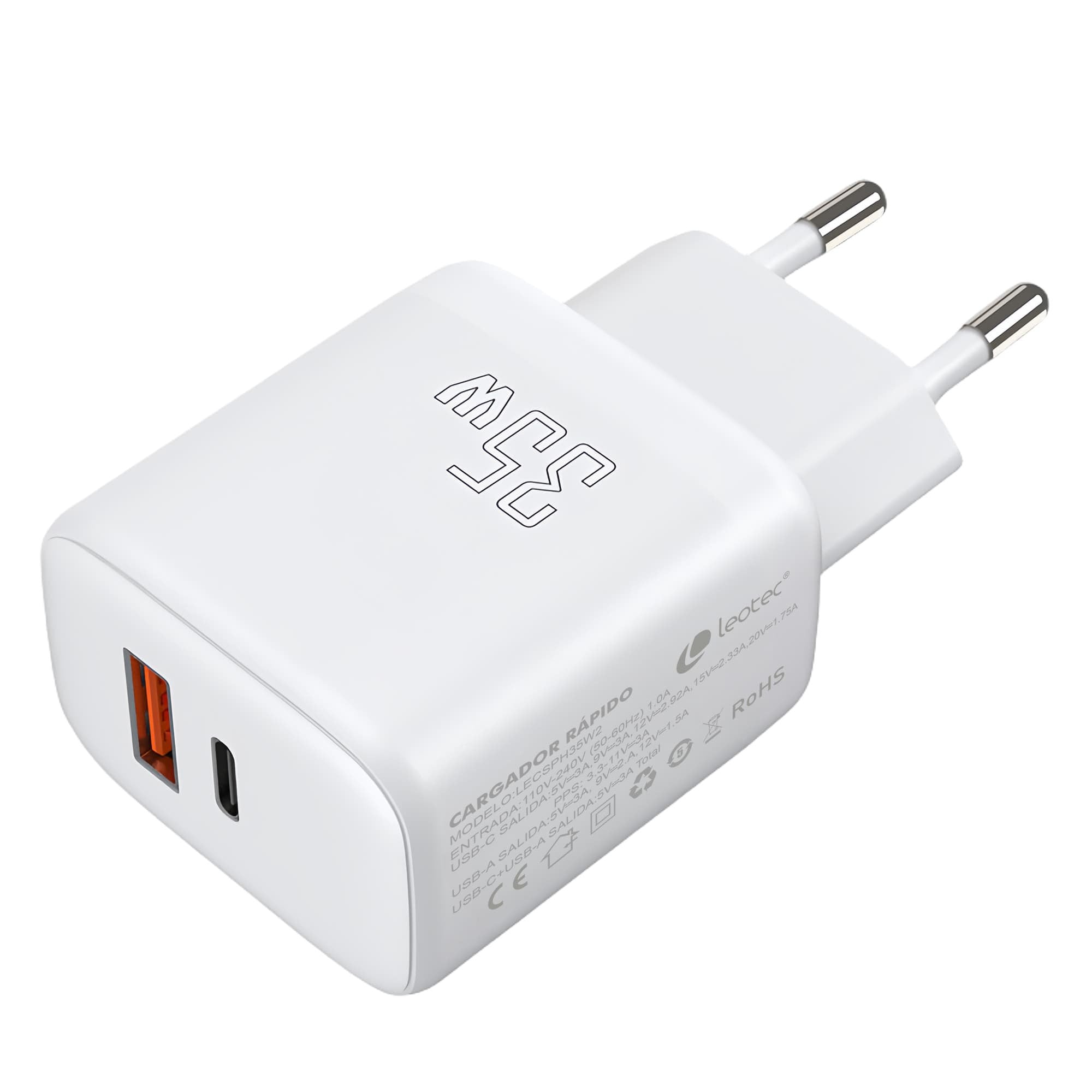 Leotec Cargador Para Smartphone 35w Con Puertos Usb-C Pd 3.0 Y Usb-A - Proteccion Contra Sobrecorriente Y Cortocircuito