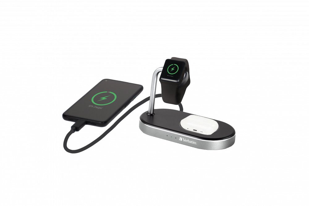 Verbatim Wireless Charger, 3-In-1, Qi, Mfi, Wcs-02, Negro