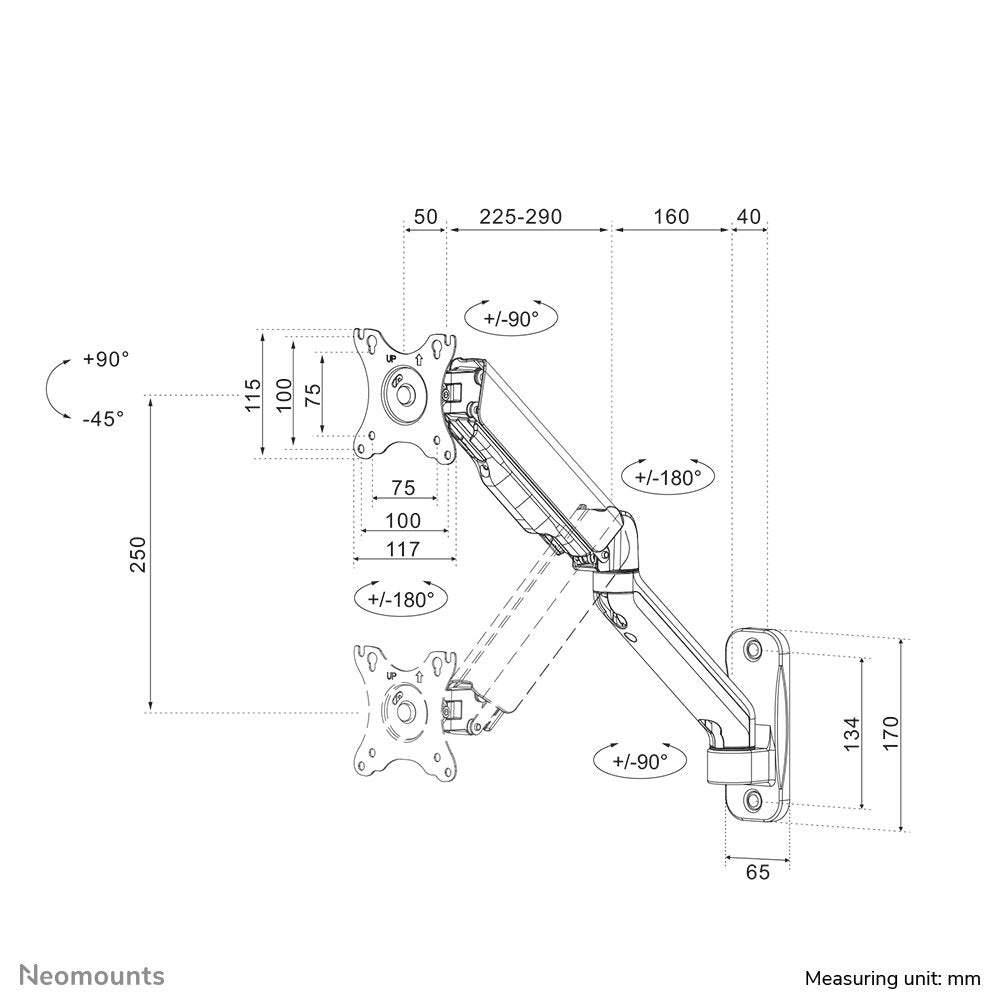 Neomounts By Newstar Wall Mounted Gas Spring Monitor Arm (3 Pivots Vesa 100x100) (Wl70-450bl11)