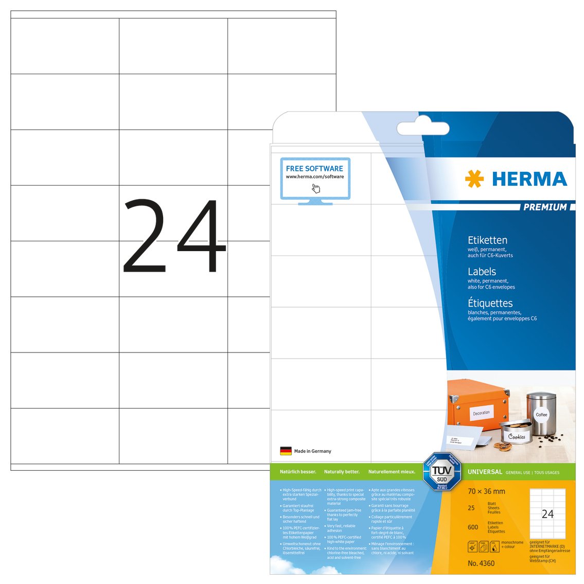 Herma Labels 70x36 25 Sheets Din A4 600 Pcs. 4360 Etiquetas