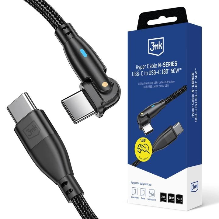 Cable 3mk Hyper N-Series C To C 2m Pd 3.0 20v 3a 60w Negro - Swivel