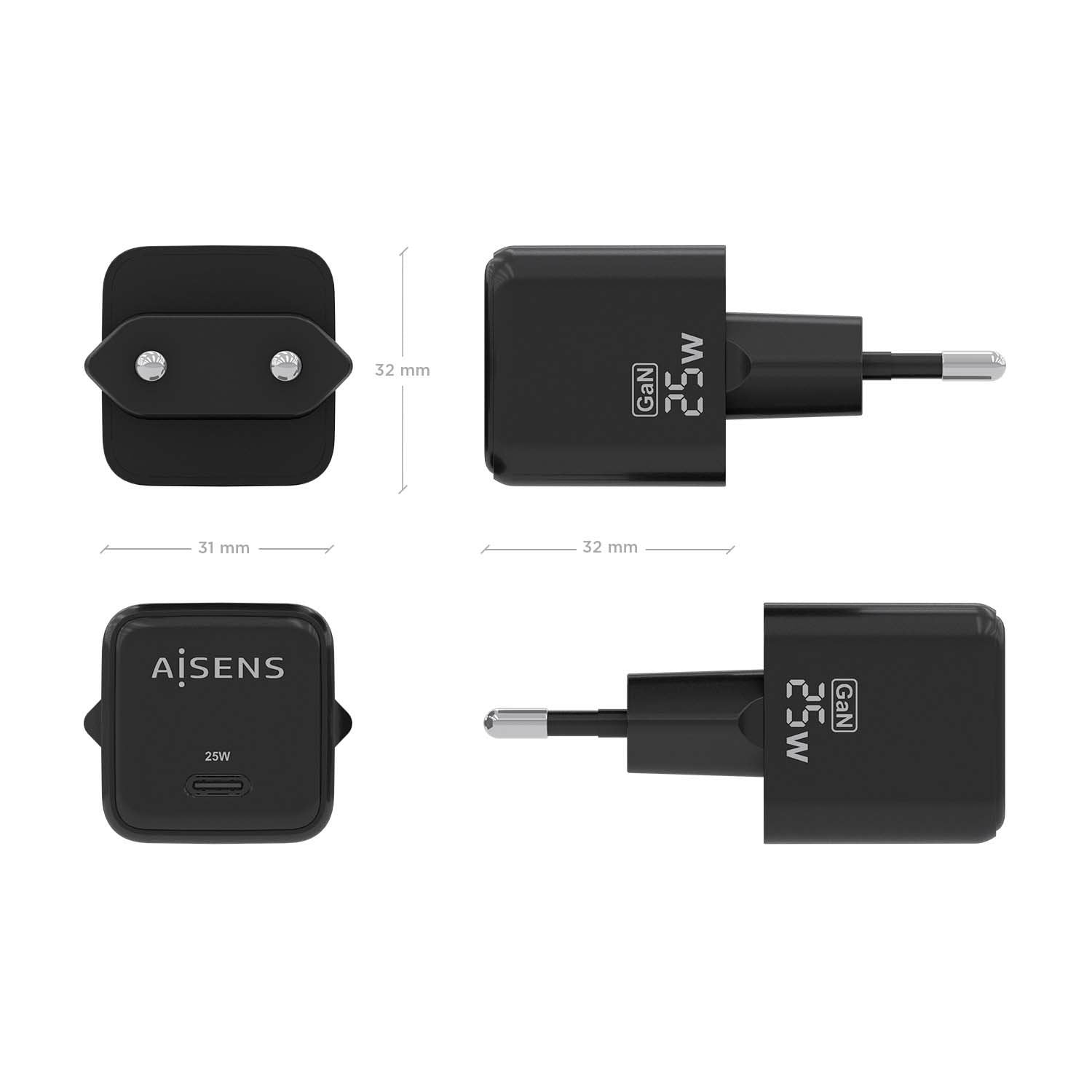 Aisens Cargador Gan 25w - 1xusb-C Pd3.0 Qc4.0 - Negro