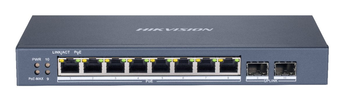 Switch 8 Puertos Poe+ 10/100/1000 Mbps 2 Puertos Sfp Uplink Gestión Inteligente Hikvision