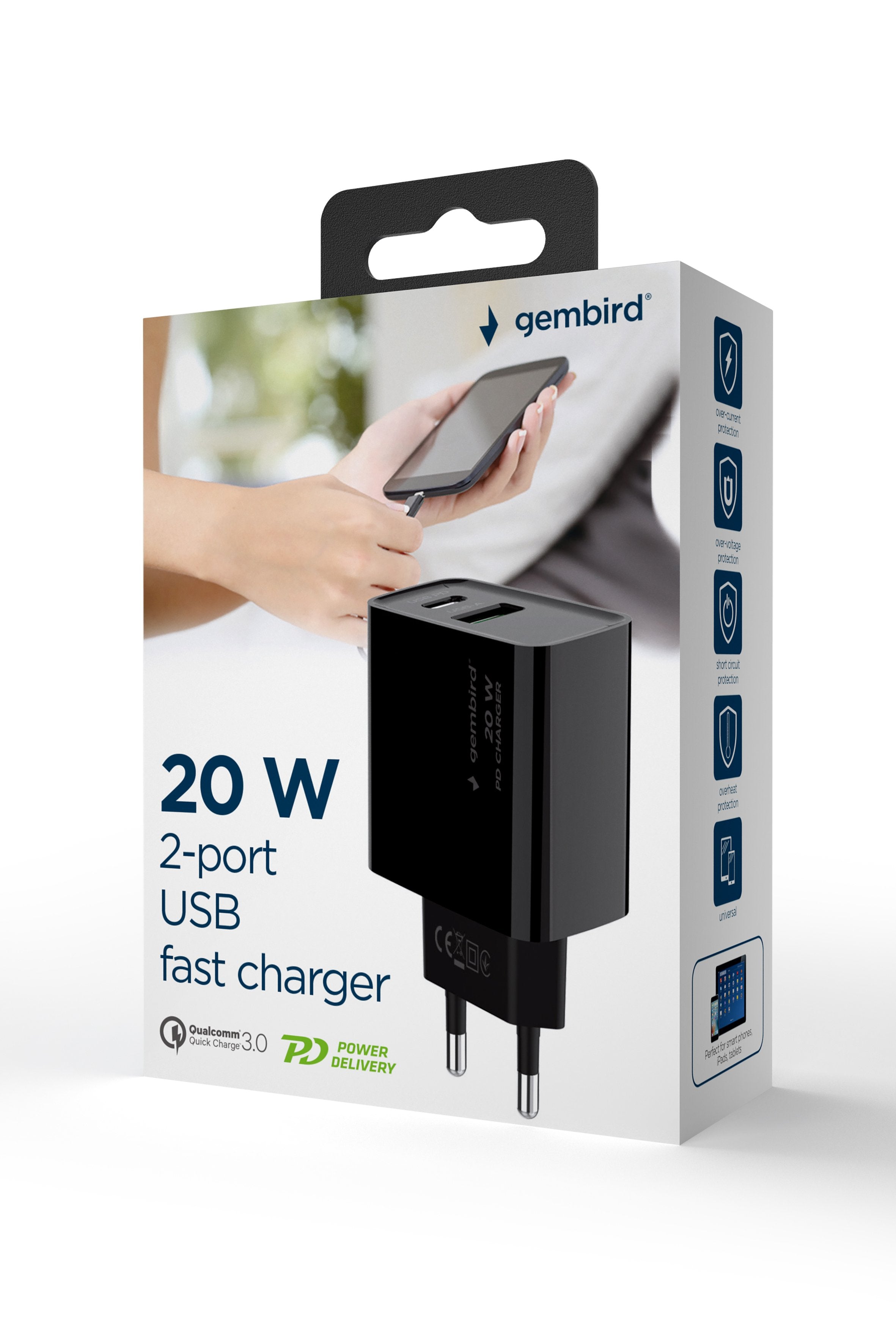 Cargador Rapido Usb Gembird De 2 Puertos Y 20 W, Negro