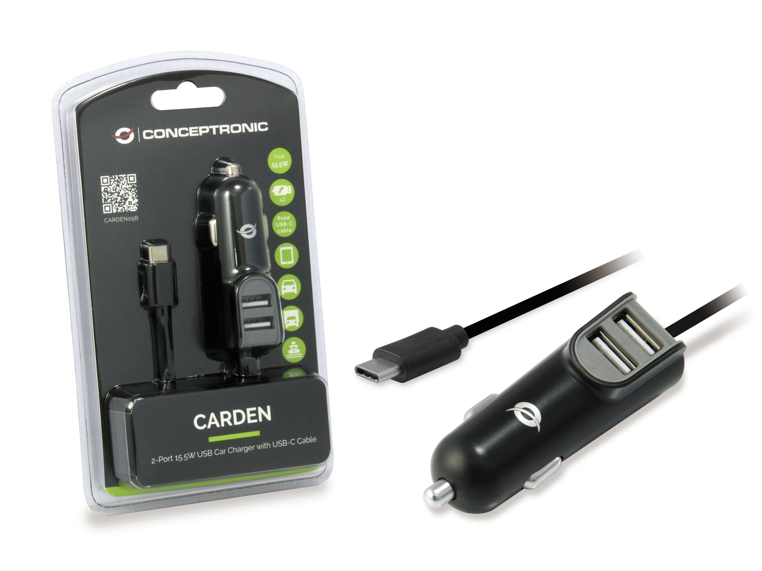 Cargador Coche Conceptronic Carden05b Con Cable Usb-C + 2 Puertos Tipo A 5v/3.1a 15.5w