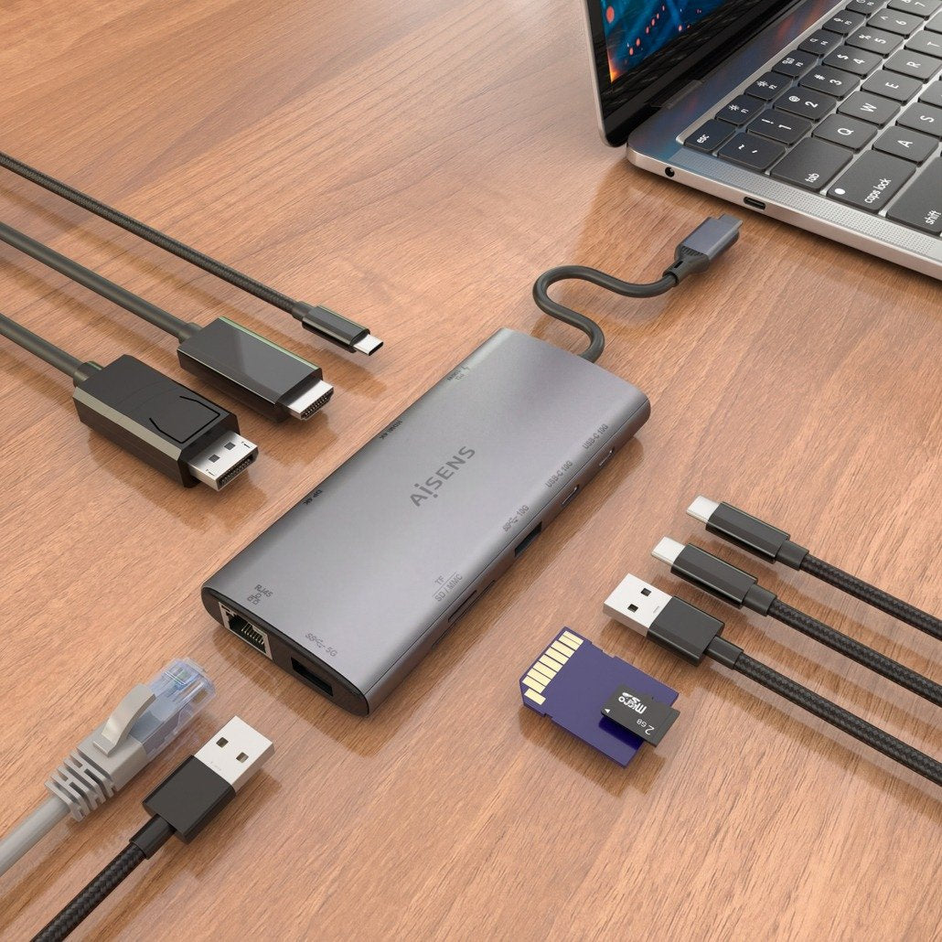 Aisens Usb-C Dock 10 En 1, Usb-C A 1xhdmi, 1xdisplayport, 1xrj45, 1xusb-A 10g, 1xusb-A 5g, 2xusb-C 10g, 1xusb-C Pd100w, 1xsd, 1xmicro Sd, Gris, 20cm