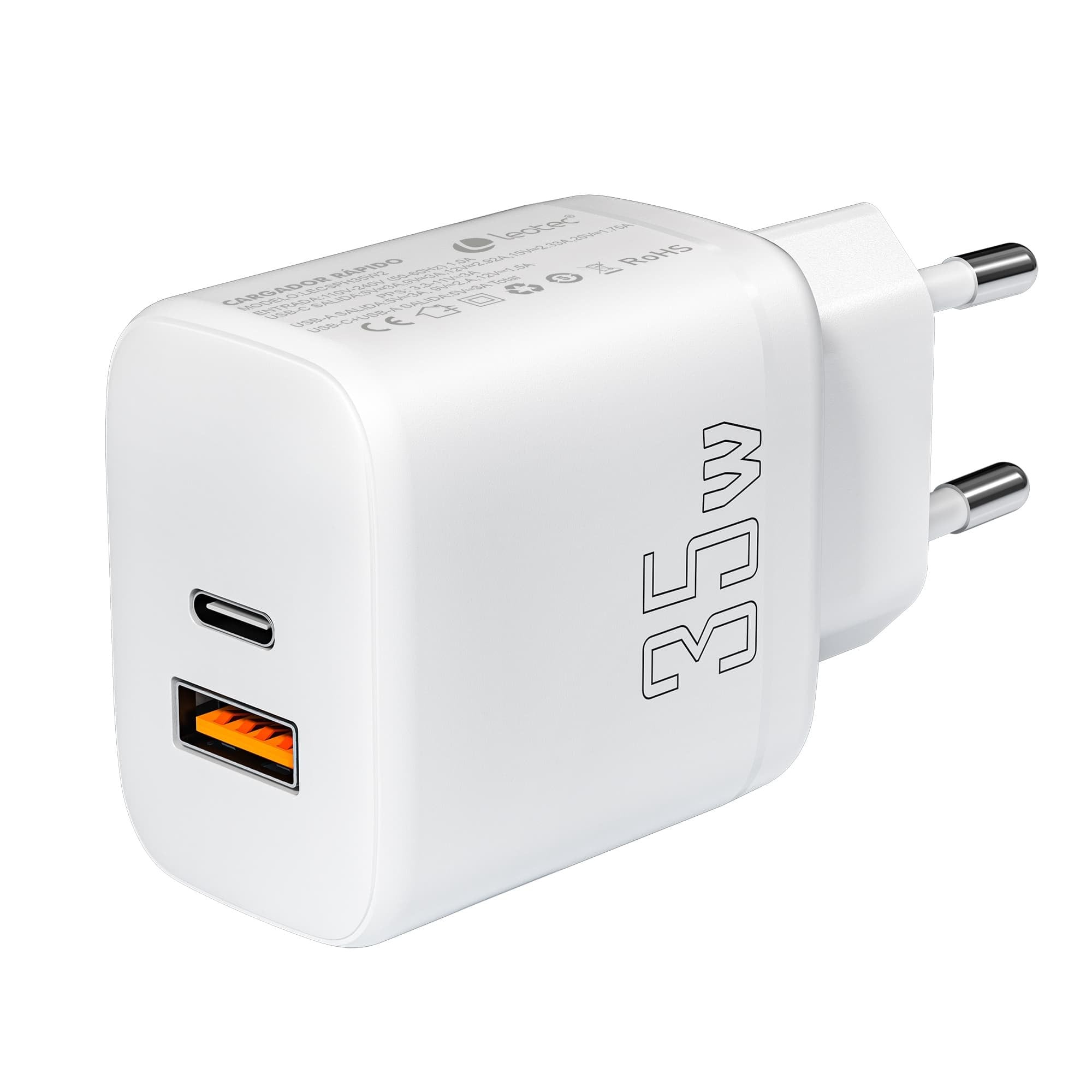 Leotec Cargador Para Smartphone 35w Con Puertos Usb-C Pd 3.0 Y Usb-A - Proteccion Contra Sobrecorriente Y Cortocircuito