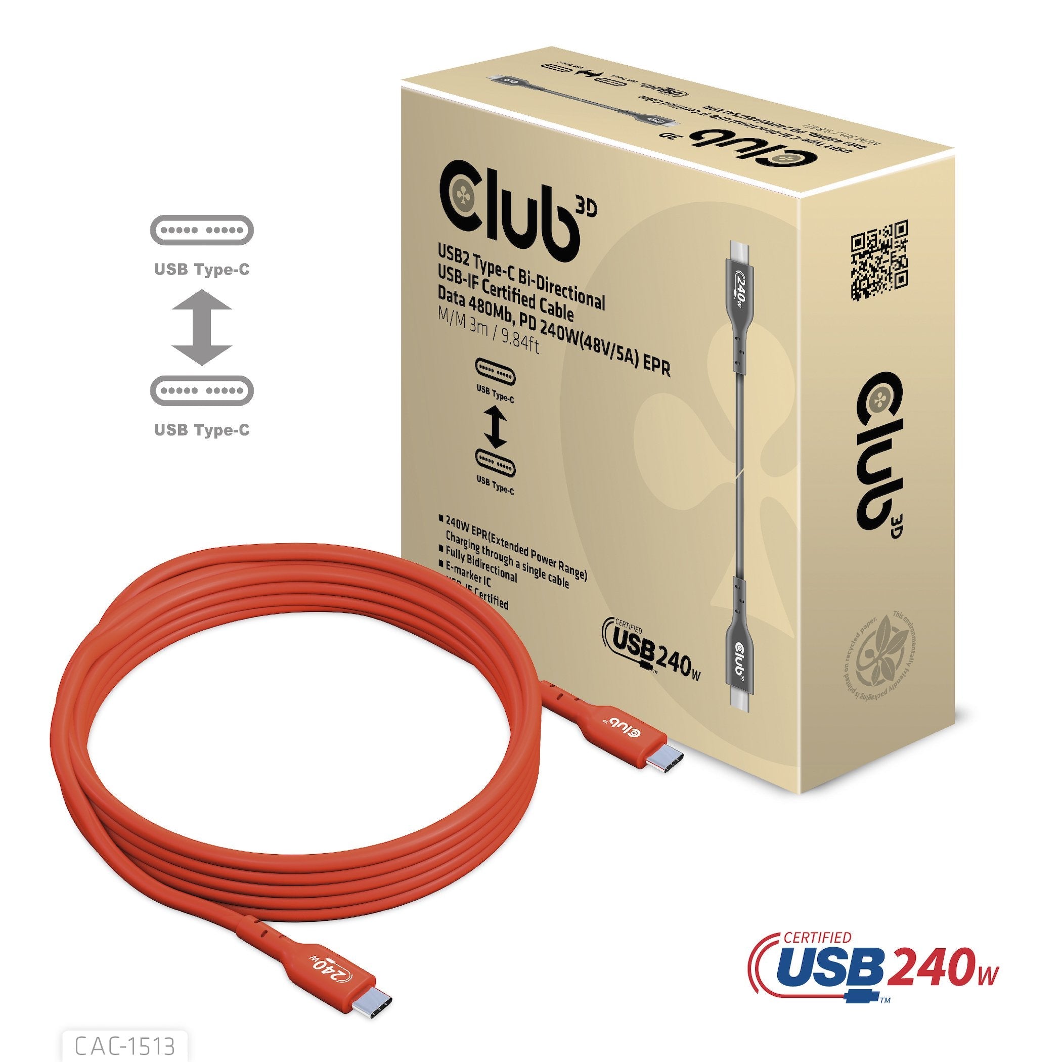 Club3d Cable Certificado Usb2 Tipo C Bidireccional Usb-If Datos 480 Mb, Pd 240 W (48 V/5 A) Epr M/M 3 M/9,84 Pies