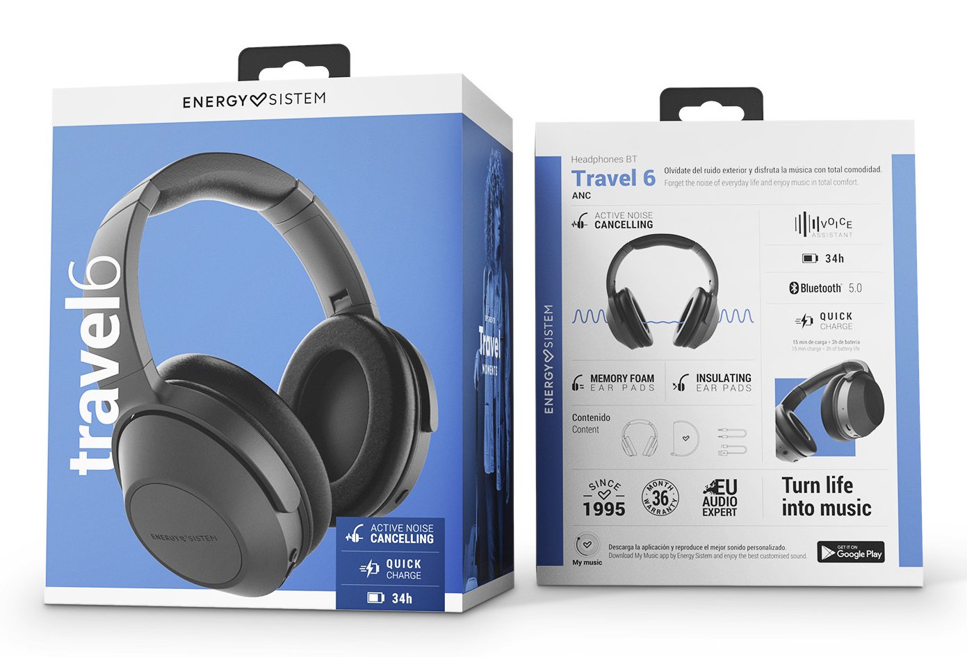 Energy Sistem Bt Travel 6 Anc Auriculares Bluetooth Con Cancelación De Ruido Negros