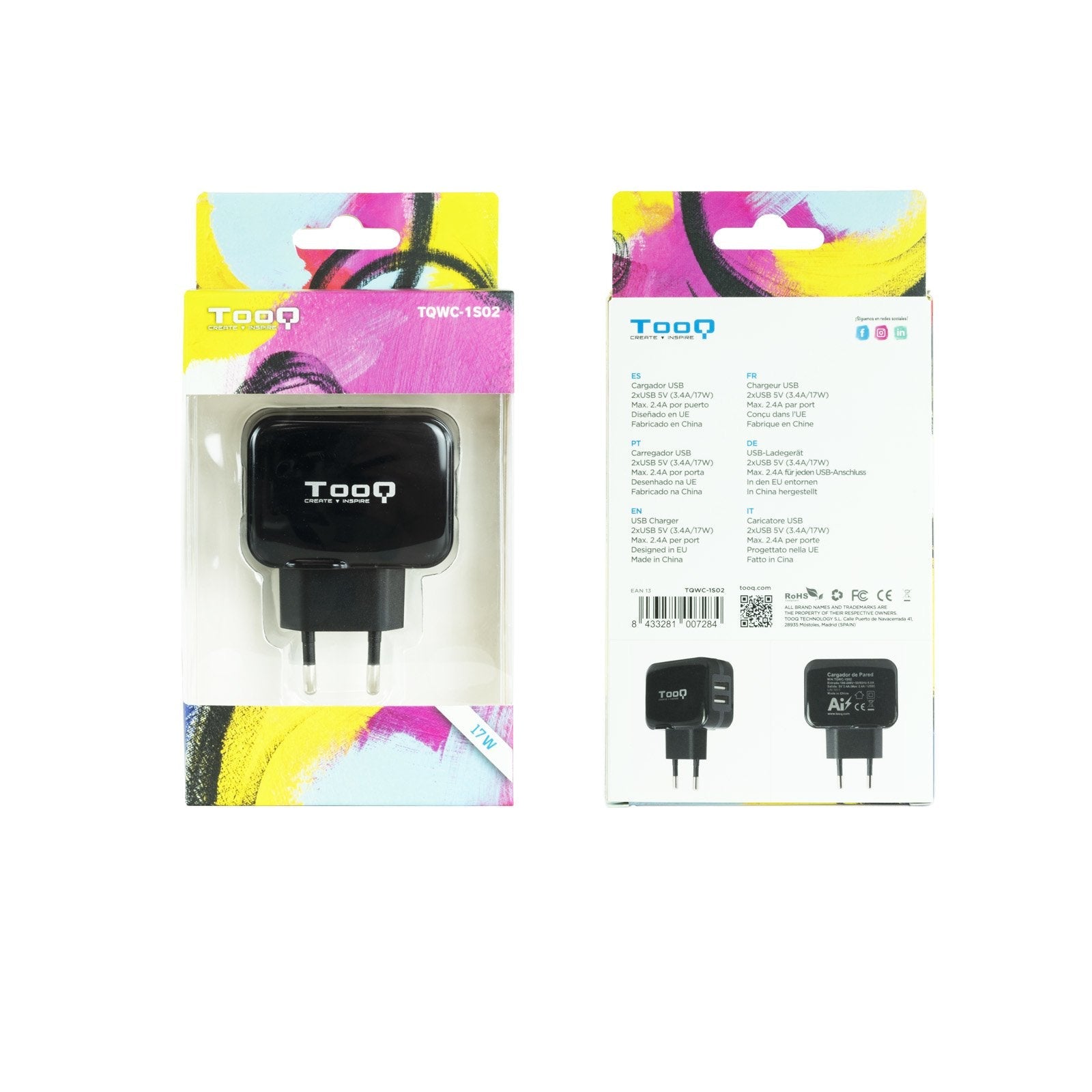 Tooq Cargador De Pared 2x Usb 2.0 - Tecnologia Ai - Negro
