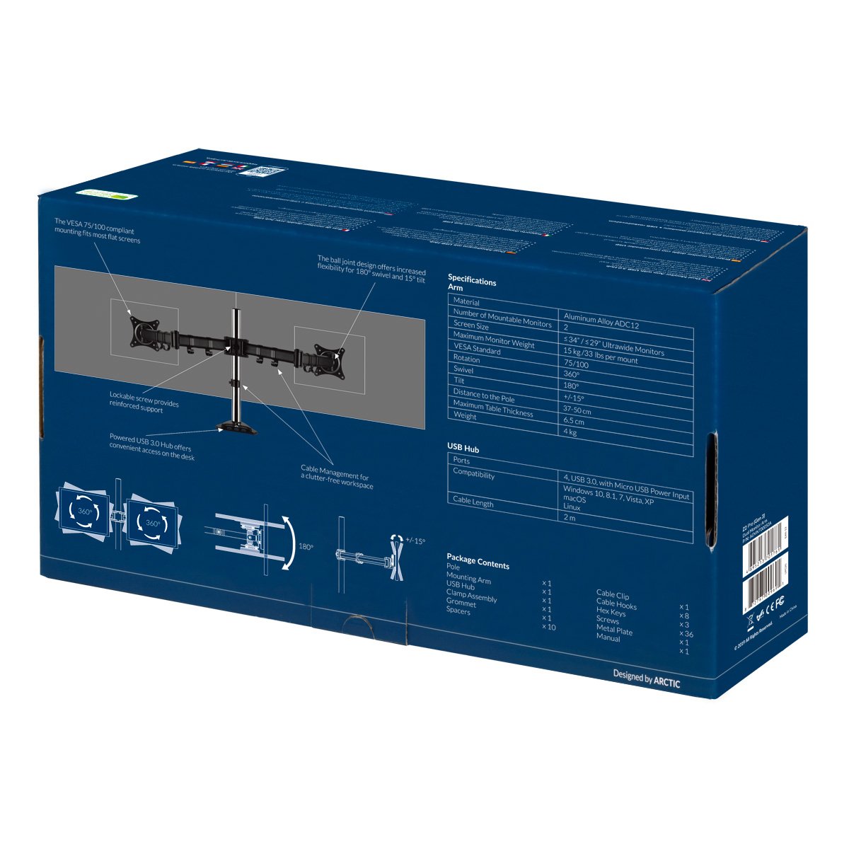 Arctic / Soporte Brazo Doble / Negro / Aemnt00050a Arctic Z2 Pro (Gen 3), 15 Kg, 86,4 Cm (34"), 75 X 75 Mm, 100 X 100 Mm, Ajustes De Altura, Negro