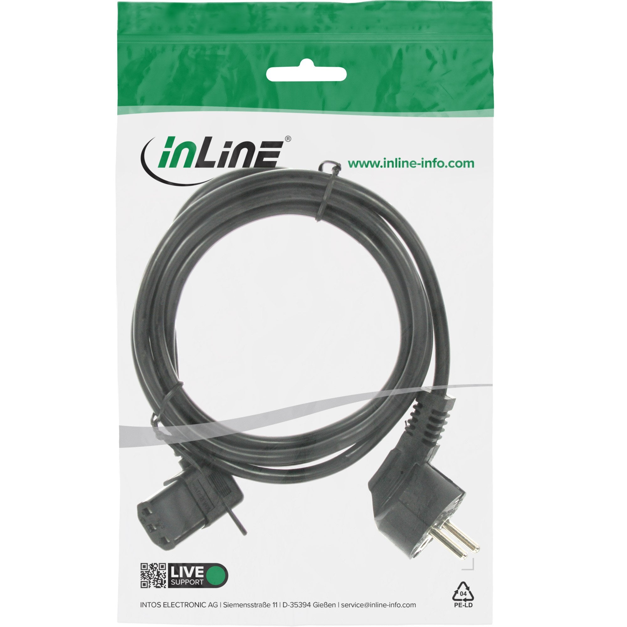 Cable De Alimentación Inline, Schutzkontakt En Ángulo A C13 En Ángulo Izquierdo, Negro, 3 M