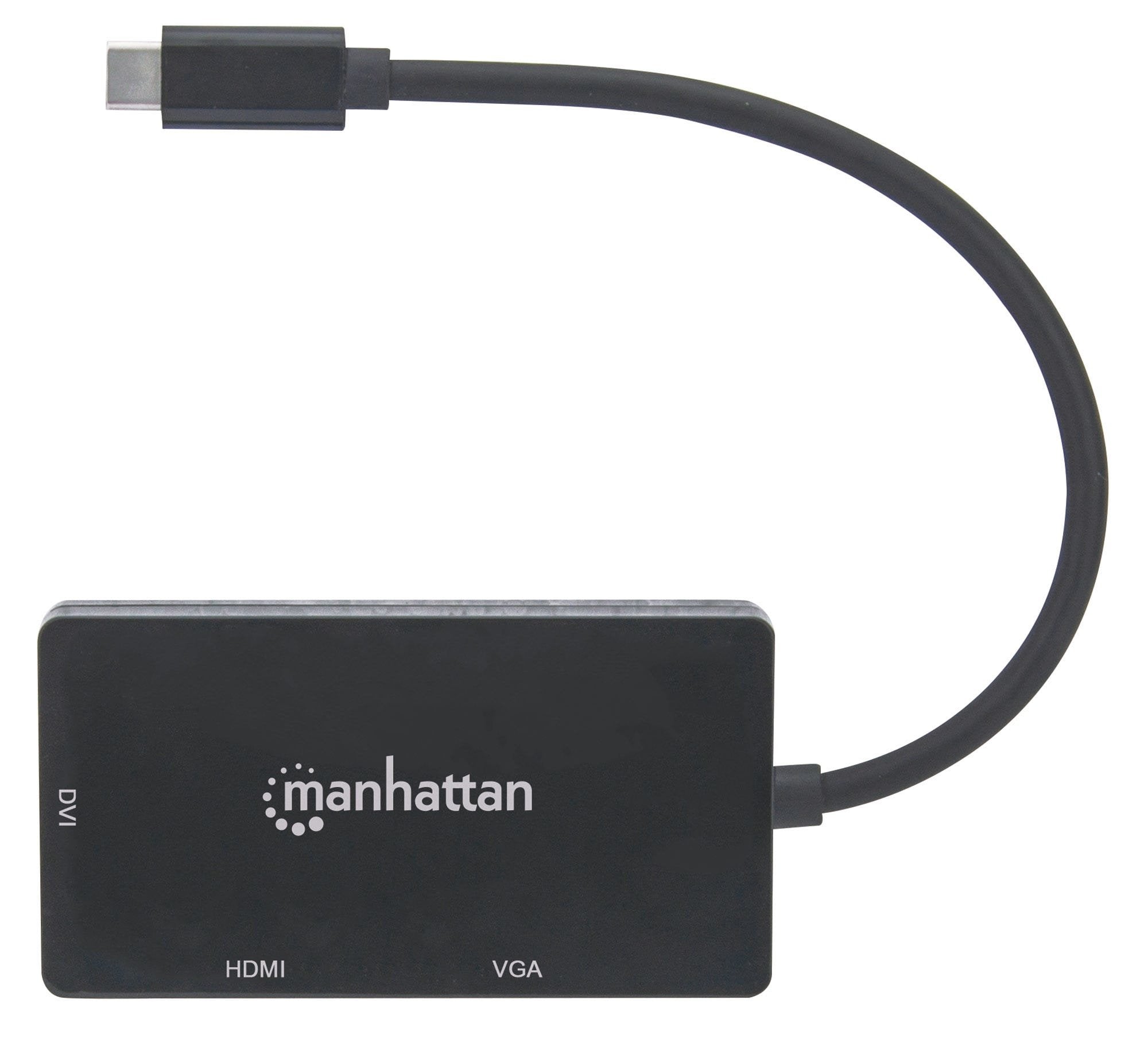 Manhattan Convertidor Usb-C A Multipuertos De A/V 3 En 1 Usb-C Macho A Conectores Hembra Dvi, Hdmi O Vga. Resoluciones: Hdmi A 4k@30hz, Vga Y Dvi A 1080p, Negro