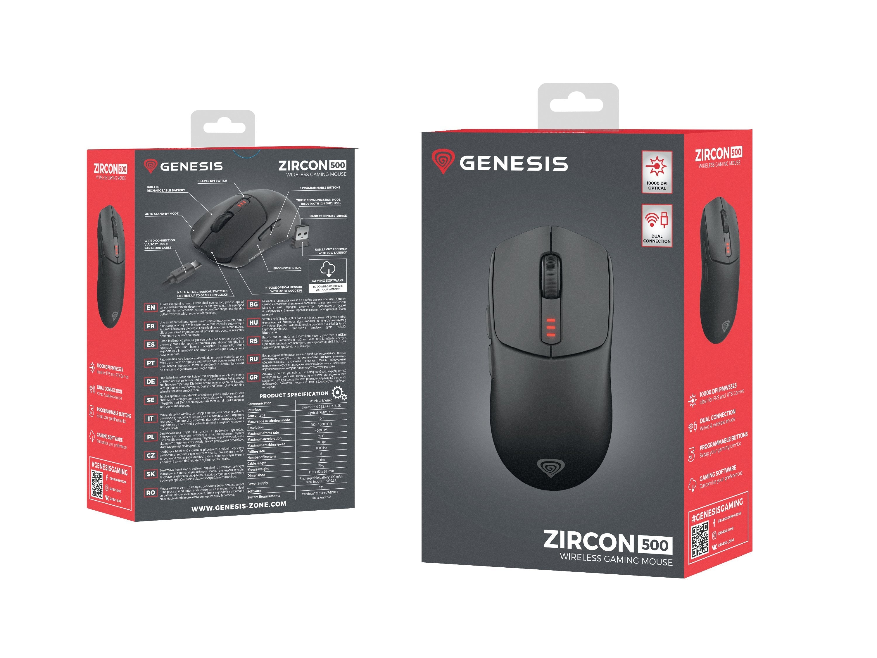 Raton Gaming Genesis Zircon 500 Inalambrico/Cable Sensor Pmw3325 10.000 Dpi Blk