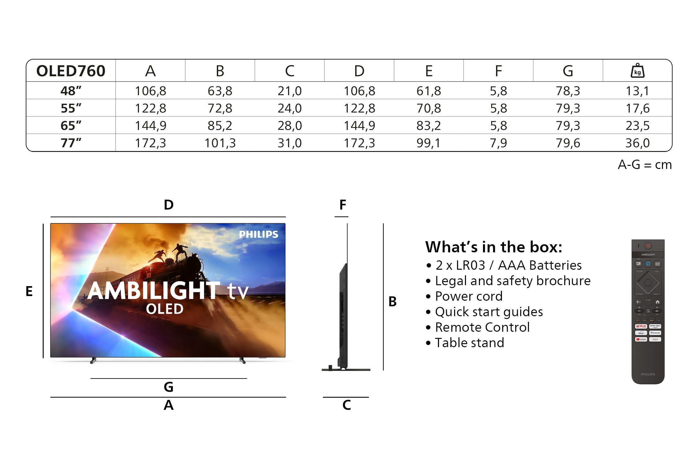 Televisior 194cm 77" (3840x2160) Philips 77oled760 12 16:9 Oled 120hz 4x Hdmi 2.1 3x Usb 3-Seitiges Ambilight P5 Ai Engine Wi-Fi Azultooth Anthracite Gris