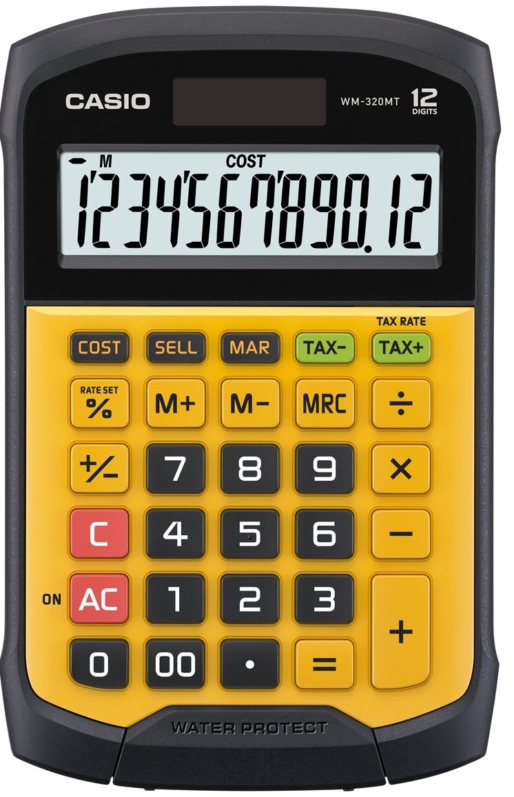 Casio Calculadora De Sobremesa Amarillo Y Negro 12 Dígitos Resistente Al Agua Y Al Polvo Wm-320mt