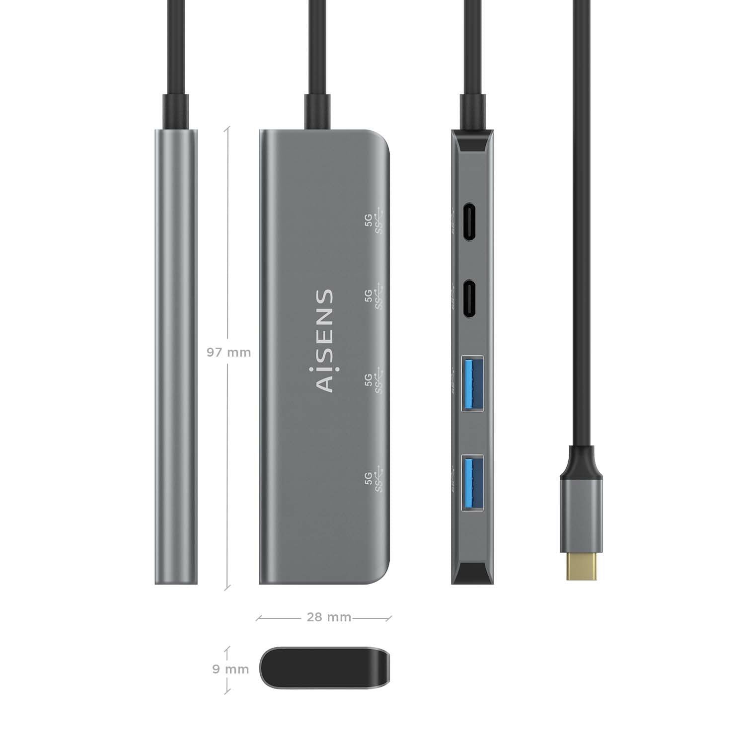 Aisens Hub Usb 3.2 Gen1 5g Usb-C - Usb-C/M-2xusb-C/H-2xusb-A/H - 15cm - Color Gris