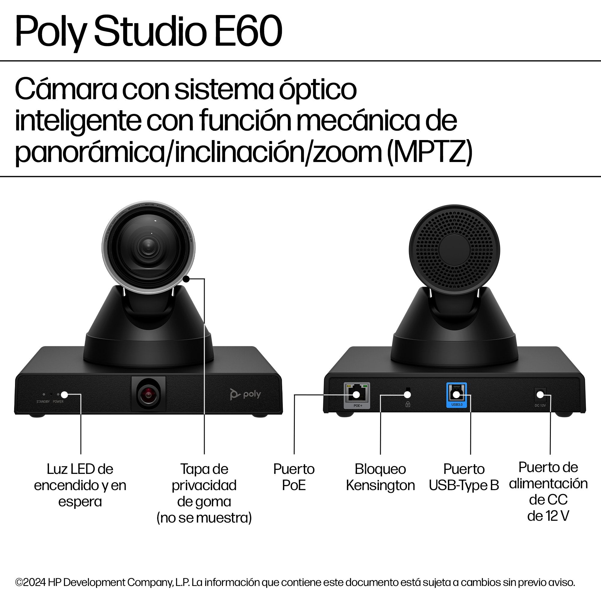 Hp Poly Studio E60 - Konferenzkamera - Ptz - Farbe - 2 X 8 Mp - 3840 X 2160 - 4k Uhd, 2160p - Audio - Lan - Usb - Dc 12 V Poe Plus - Taa-Konform