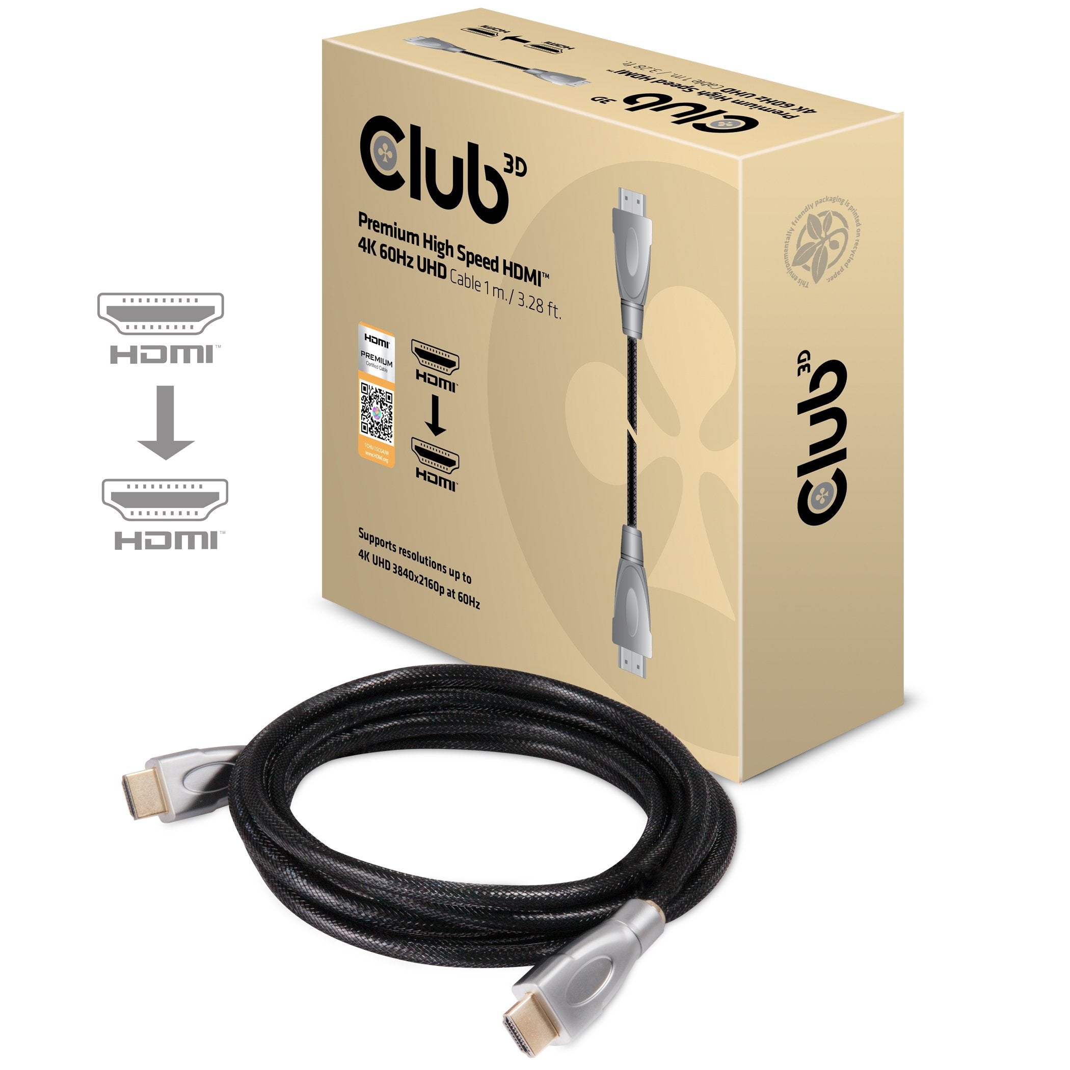 Club3d Premium High Speed Hdmi 2.0 4k60hz Uhd Cable 1 M/ 3.28 Ft Certified
