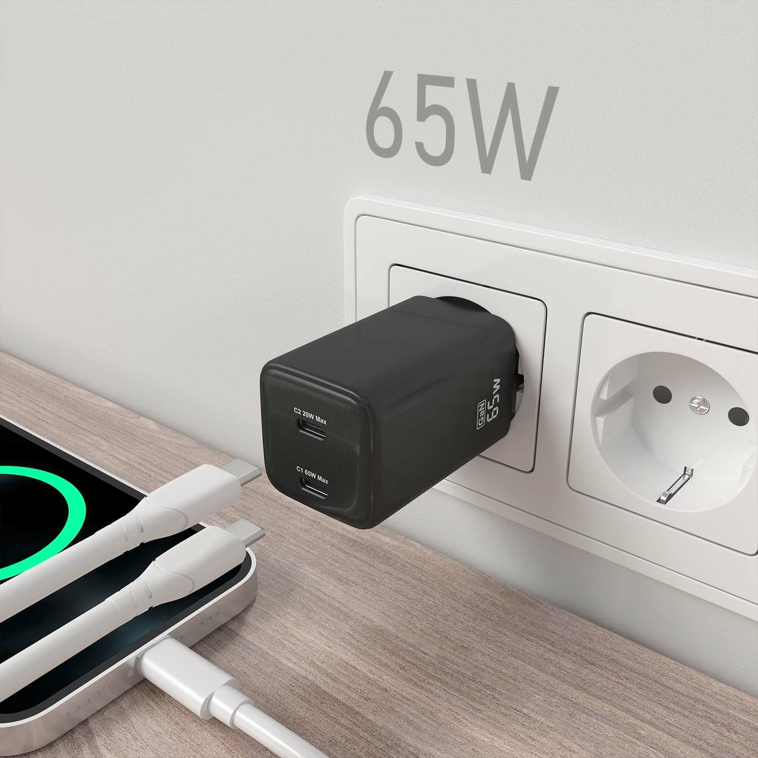 Aisens Cargador Gan De Pared 2xusb Tipo-C 65w Asch-65w2p040-Bk