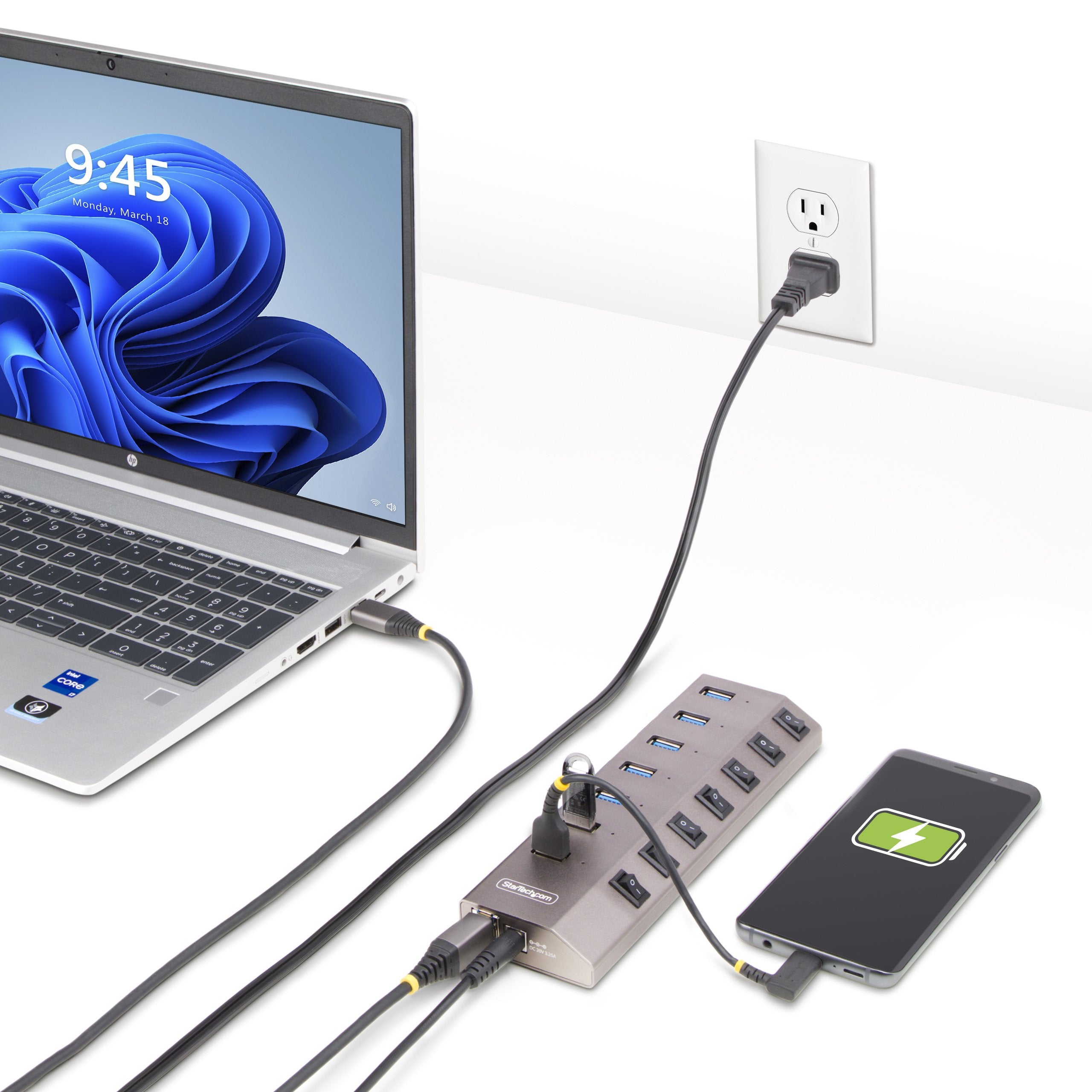 Startech.Com Hub Usb-C Autoalimentado De 7 Puertos Con Interruptores Individuales - Concentrador Usb 3.0 A 5 Gbps Con Fuente De Alimentación - Ladrón Usb Tipo C A Usb-A - Bc 1.2 (7-Port Self-Powered Usb-C Hub - With Individual On/Off Switch