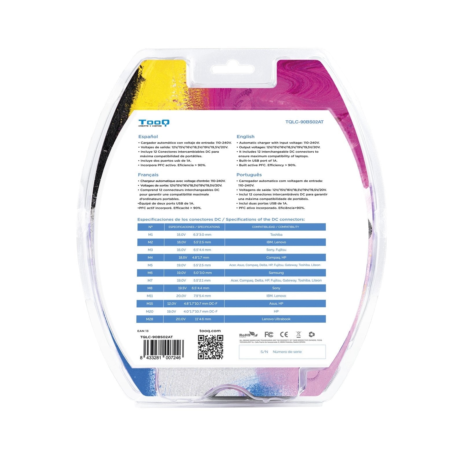 Tooq Cargador Universal Automatico Para Portatil 90w - 2x Usb - 12 Adaptadores - Voltaje 12-20v