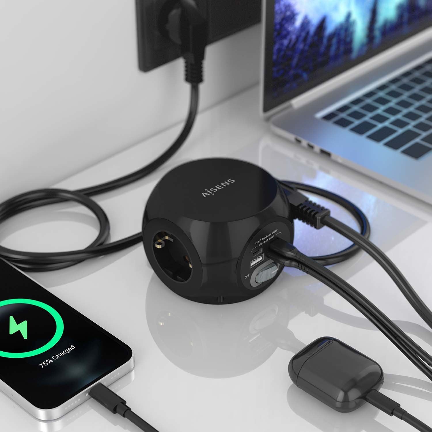 Aisens Regleta De Enchufes Sobremesa Multifuncion Con 3 Tomas + 2xusb-C, 2xusb-A, 1.4m, Negro