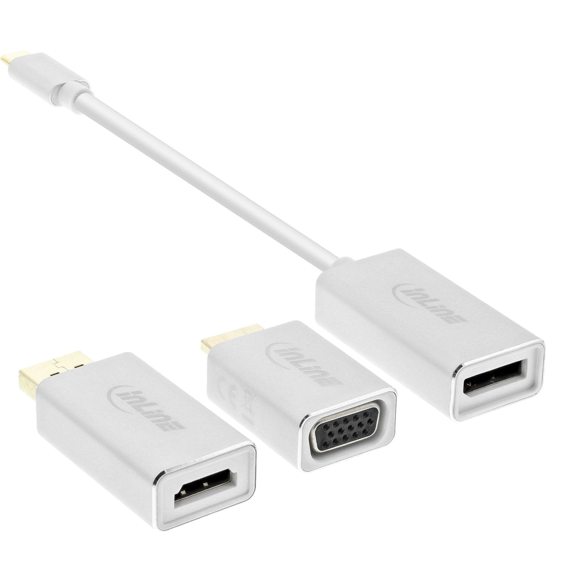 Inline Usb Display Converter Set 6 En 1, Usb Tipo C Macho A Displayport Hembra, Hdmi, Vga (Modo Alternativo Dp), 4k2k, Plateado, 0,2 M