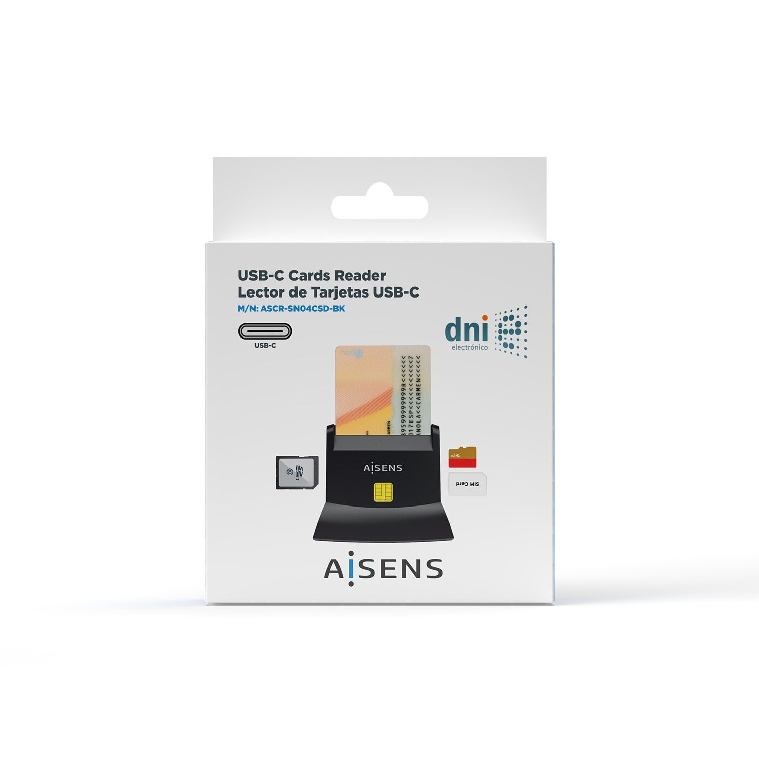 Aisens Lector De Tarjetas Inteligente Dni Con Lector Sim, Sd, Mirosd, Mmc, Rs-Mmc, Mmc Micro, Usb-C, Negro