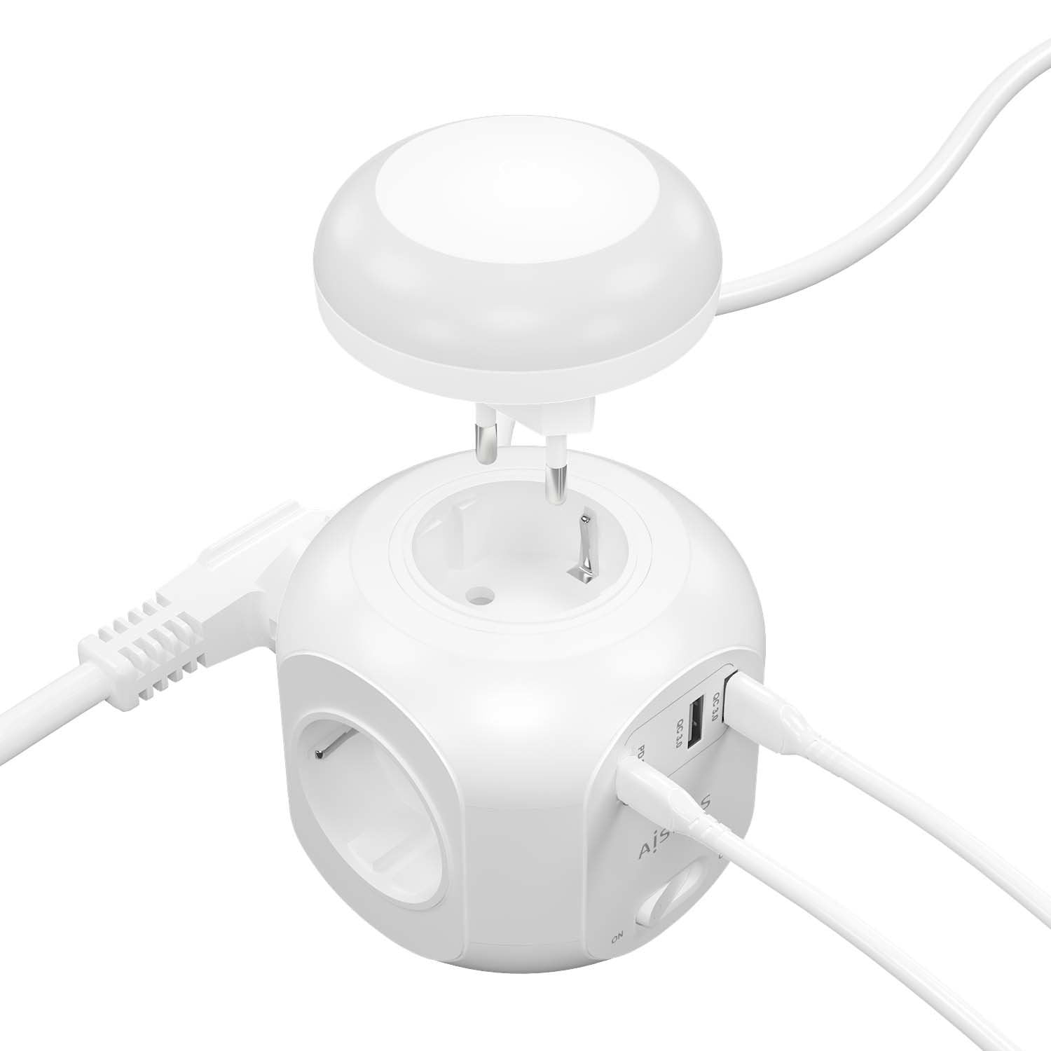 Aisens Regleta Sobremesa Multifuncion 4 Tomas + 1xusb-C 20w Pd3.0, 2xusb-A 18w Qc3.0, Luz Nocturna, 1.80m, Blanco