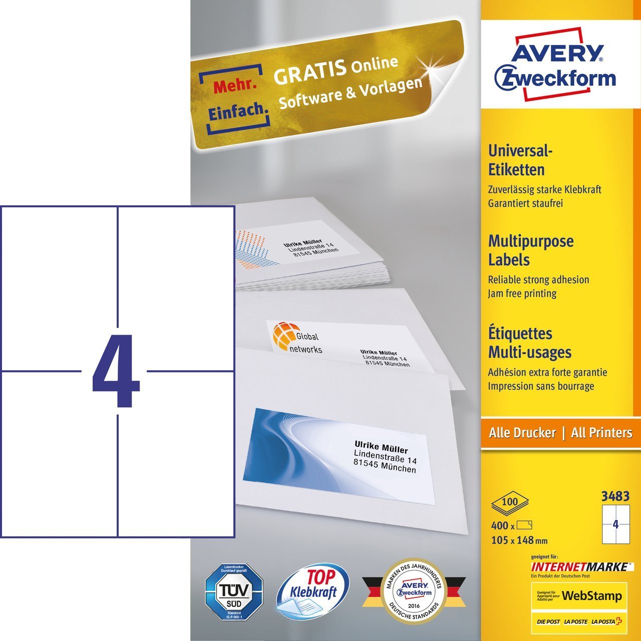 EAN 4004182034835 - Avery 3483 etiqueta autoadhesiva Rectángulo Permanente Blanco 400 pieza(s) imagen 1
