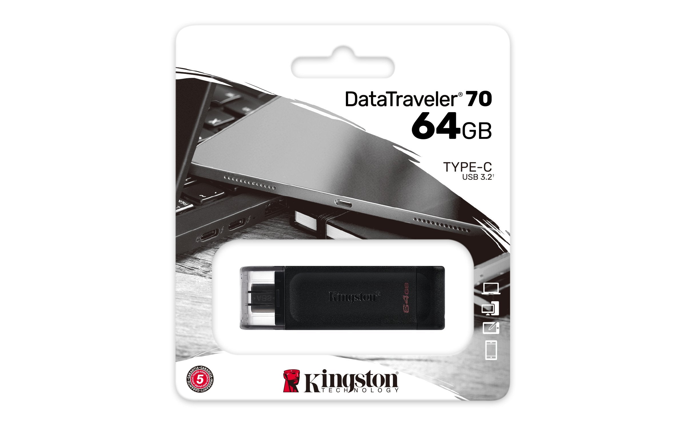 Pendrive Kingston 64gb Usb-C 3.2 Gen 1 Datatraveler 70 64gb, Usb 3.2 Gen 1, Usb C, 7 G