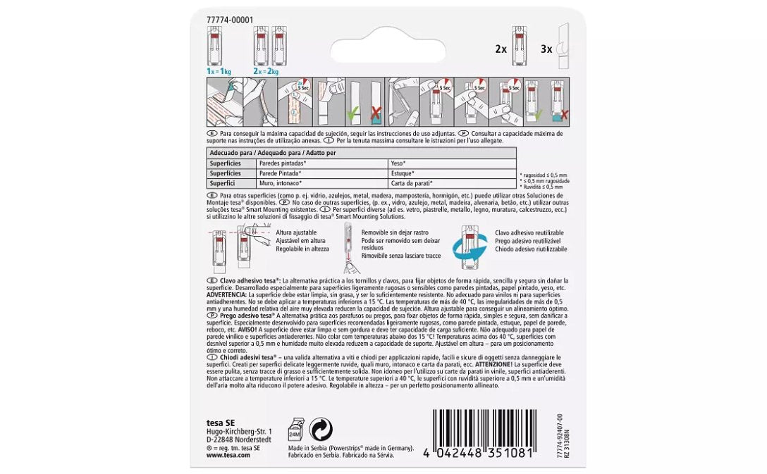 Tesa Pack De 2 Clavo Adhesivo Ajustable Hasta 1kg Para Pared Lisa