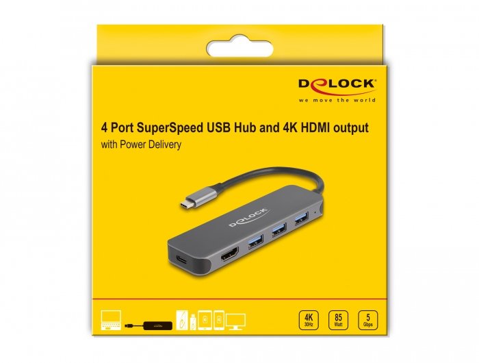 Hub Delock 64171 De Interfaz Usb 3.2 Gen 1 (3.1 Gen 1) Type-C 5000 Mbit/S Gris, Estación De Acoplamiento Usb 3.2 Gen 1 (3.1 Gen 1) Type-C, Hdmi, Usb 3.2 Gen 1 (3.1 Gen 1) Type-A, Usb 3.2 Gen 1 (3.1 Gen 1) Type-C, 5000 Mbit/S, 30 Hz, 3840 X